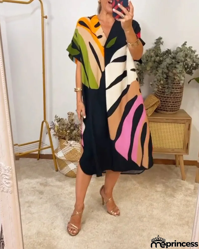 Colourful casual dress with leaf print