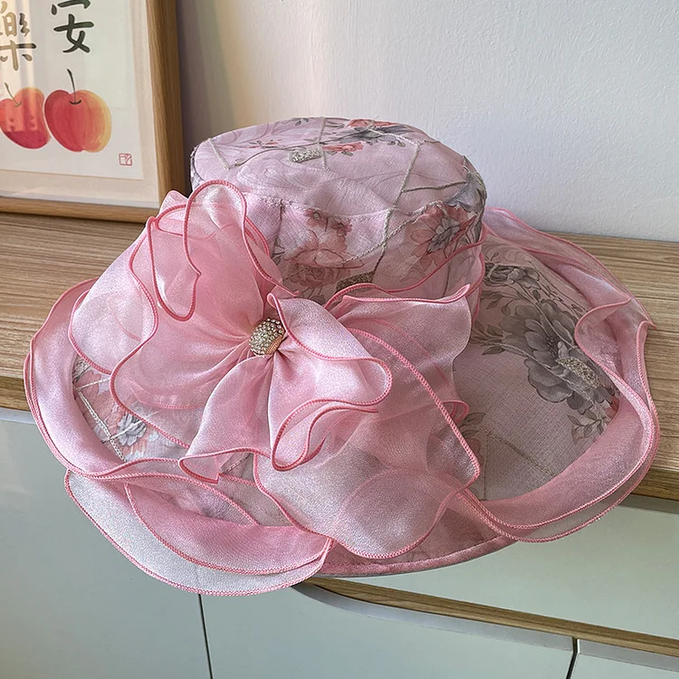 Stylish Large Eaves Organza Embroidery Mesh Flower Folding Beach Protection Sun Hat