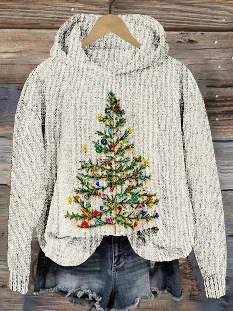 Comstylish Christmas Trees Embroidery Art Cozy Knit Hoodie