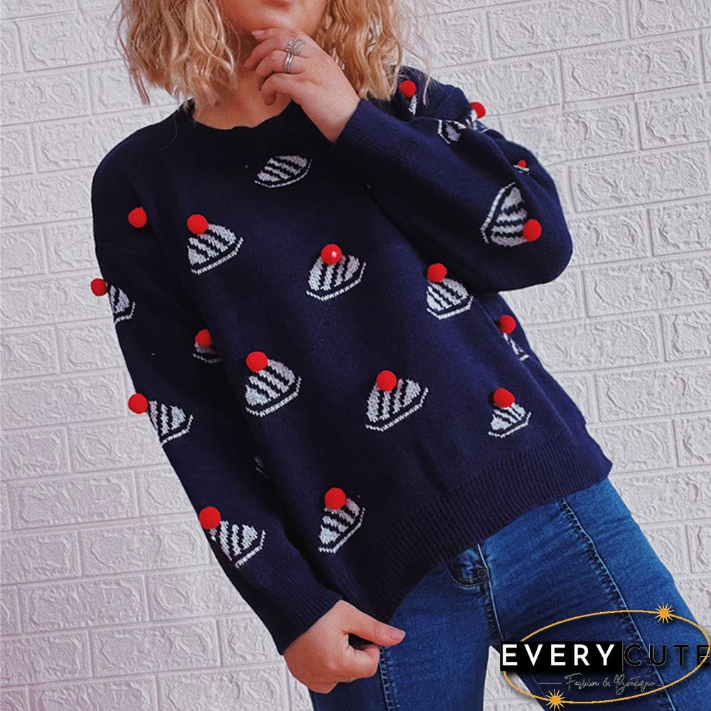 Navy Blue Christmas Hat Print Knit Pullover Sweater