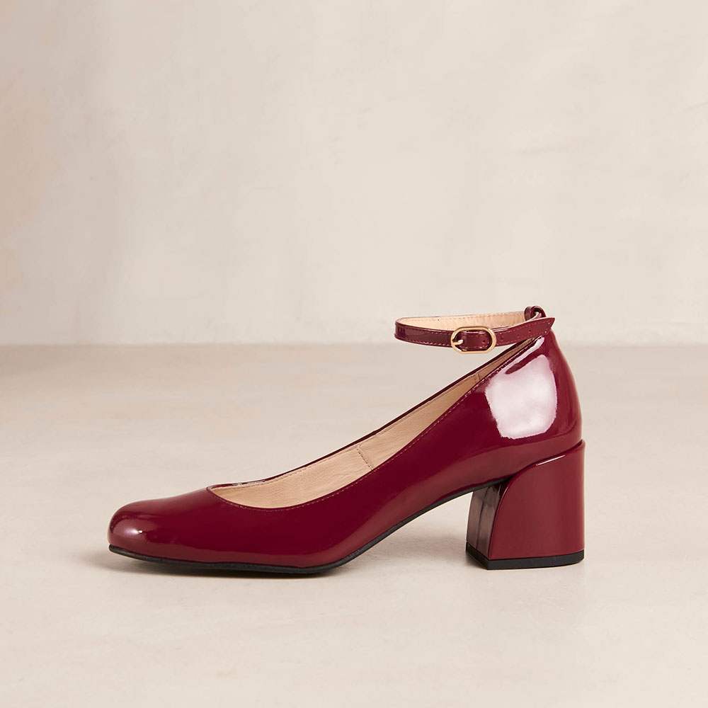 Red Patent Leather Round Toe Chunky Heel Buckled Ankle Strap Pumps Nicepairs
