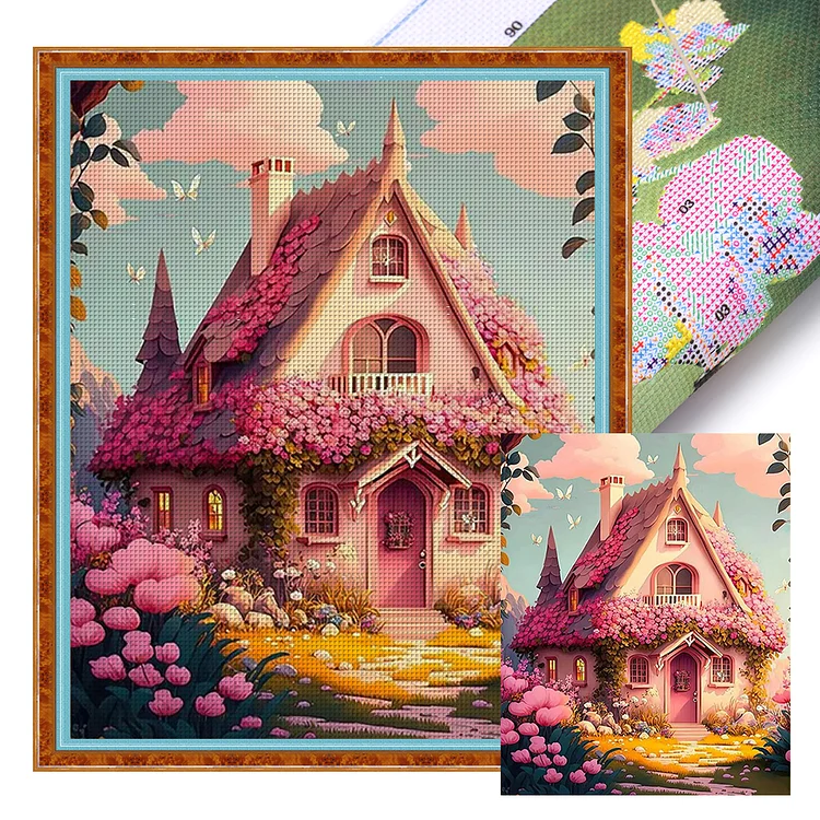 『HuaCan』Pink Cottage  - 16CT Stamped Cross Stitch(40*50cm)