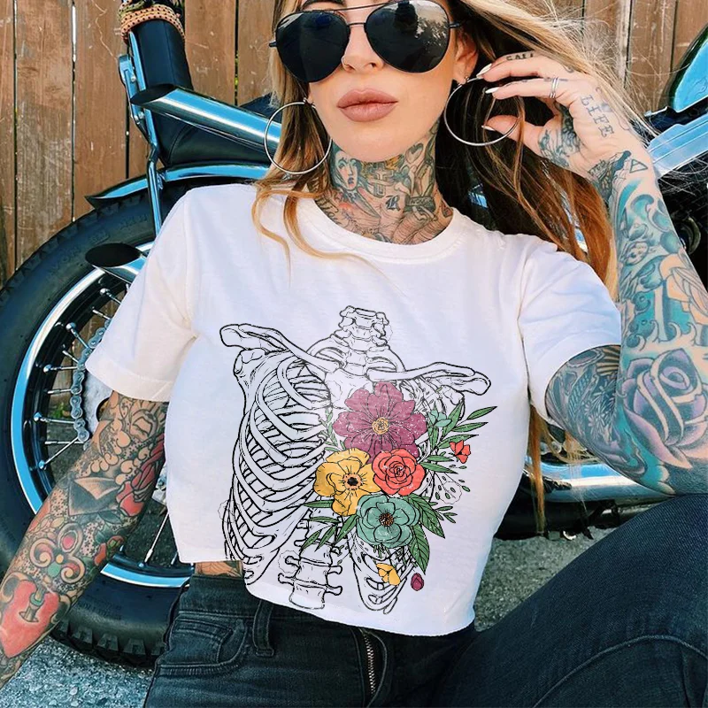 Floral Skeleton Printed Casual Women's T-shirt -  