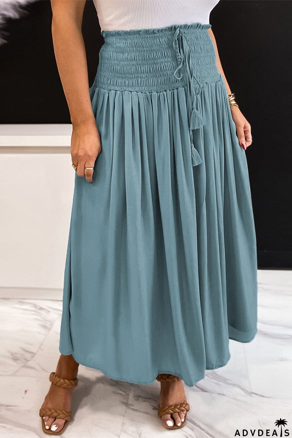 Drawstring Smocked High Waist A-line Skirt