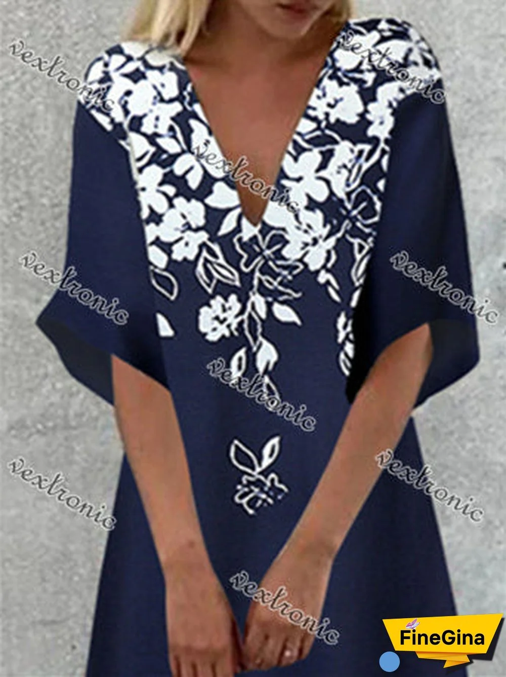 Women's Dark Blue V-Neck Half Sleeve Graphic Floral Printed Maxi Dress