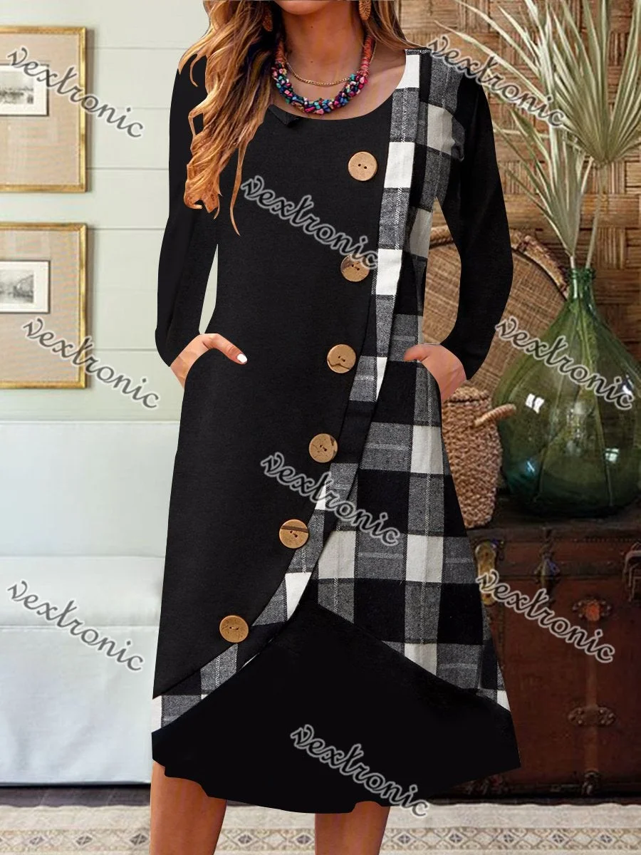 Women Long Sleeve Scoop Neck Plaid Buttons Pockets Midi Dress