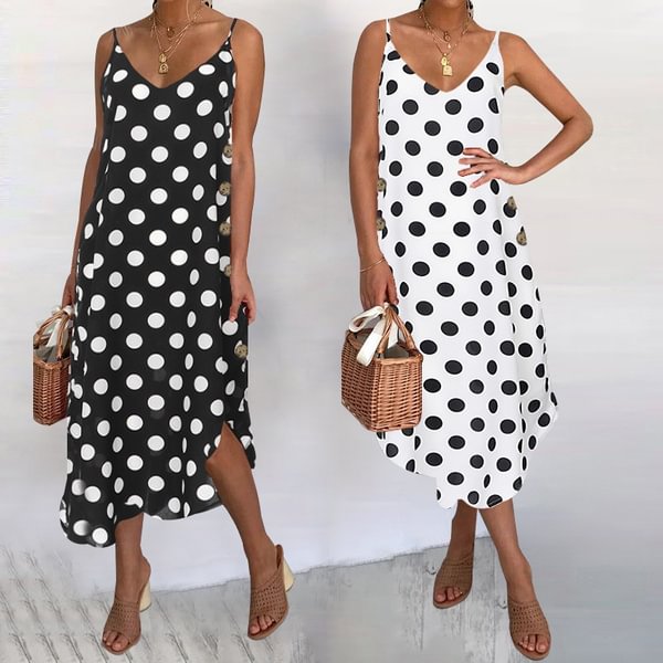 Plus Size Women Summer Polka Dot Spaghetti Strap V Neck Irregular Hem Sling Dress Sundress - Shop Trendy Women's Clothing | LoverChic