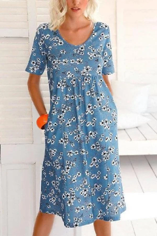 Casual Floral Print Paneled Pockets Short Sleeves Midi Dress | EGEMISS