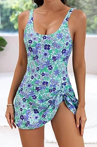 Women's Floral One Piece Swimdress Tummy Control Swimsuit 