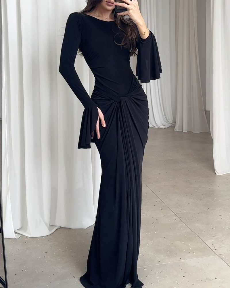 Solid Color Skinny Horn Sleeve Dress