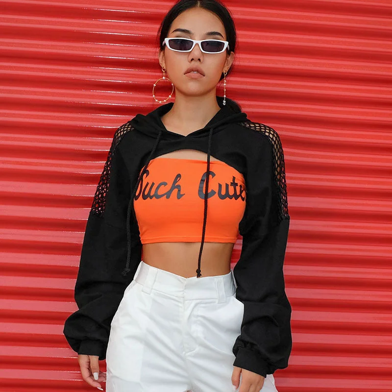 Summer Fashion Pullover Club Wear Streetwear Cropped Hoodie Women Sexy Mesh Fish Net Hooded Chest Hollow Sweatshirt Tops