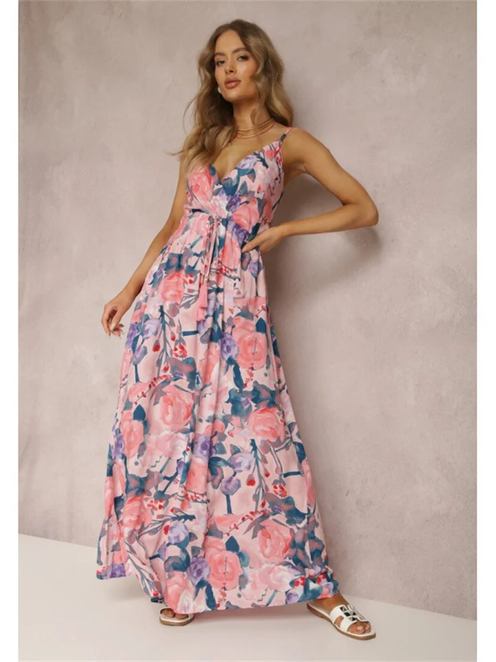 Spring and summer new women's fashion print sexy dress halter deep V sleeveless backless urban wind ruffle long dress-Cosfine