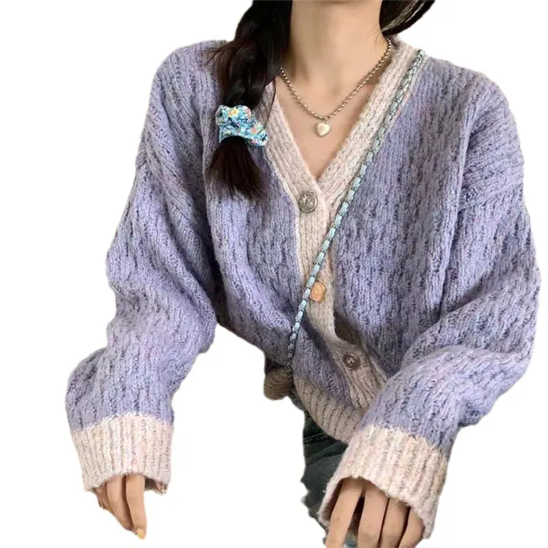 Churchf Churchf Version Of Knit Sweater Loose Lazy Wind Fashion Coat Reduced Age Mud Taro Purple Long Sleeve V-Neck Knit Sweater Cardigan Female