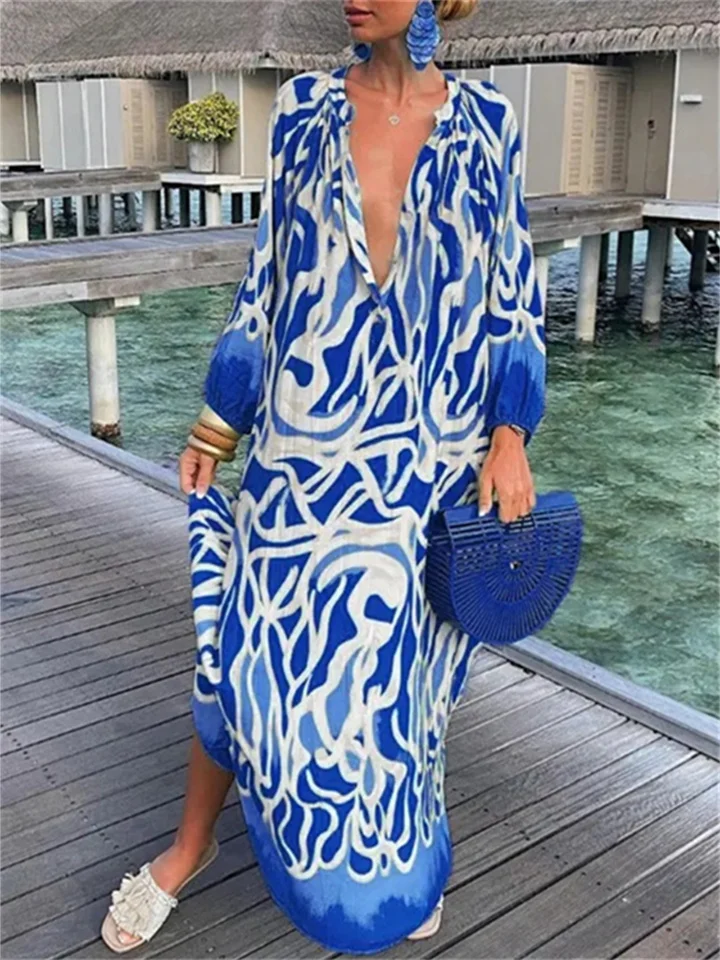 V-neck Loose Long-sleeved Printed Dress Temperament and Elegance S M L XL 2XL