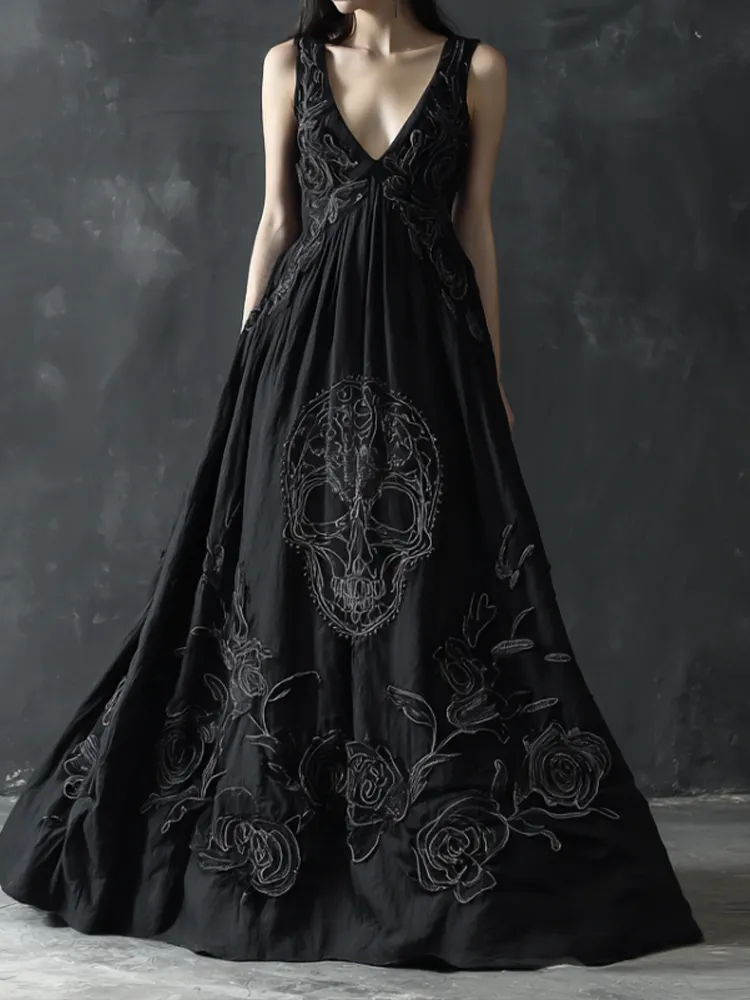 Halloween Gothic Skull Pattern Women's V-neck Long Dress