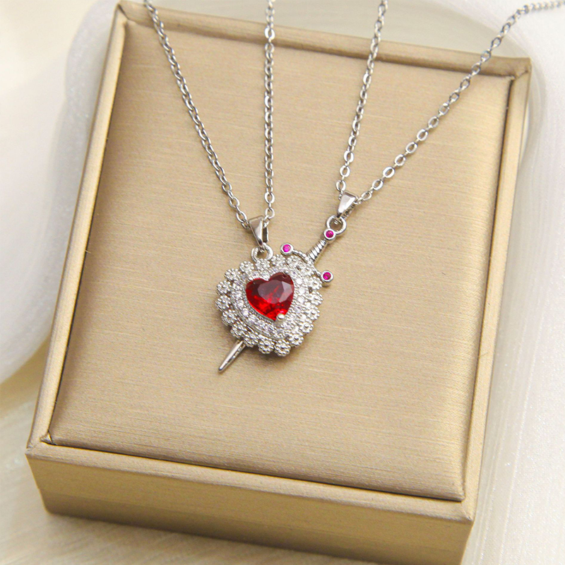 Valentine's Day 18K Gold Red Heart Dagger Couple Gift Necklace Jewelry
