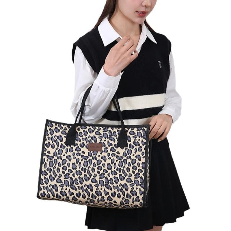 Women’s Denim Leopard Classic Style Square Zipper Tote Bag