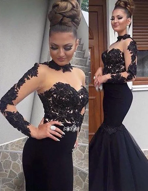 Luluslly Long Sleeves Black High Neck Evening Dress Mermaid WIth Lace Appliques