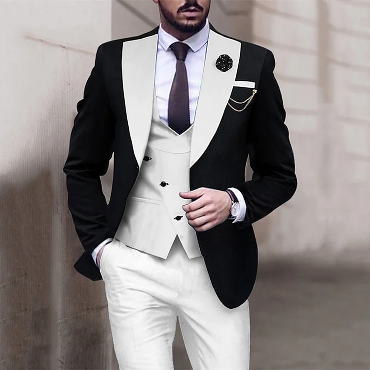 Men's Business Colorblock Button Lapel Blazer & Vest & Pocket Pants 3Pcs Set