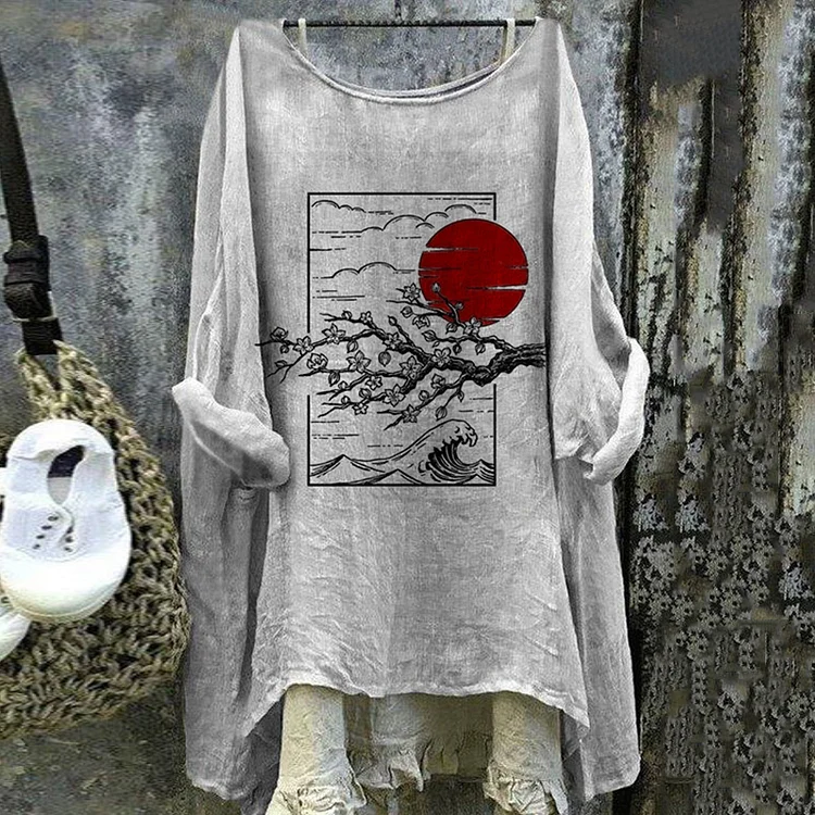 Vintage Japanese Art Sakura Cotton Linen Round Neck Casual Shirt