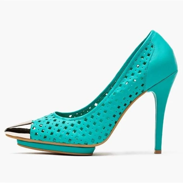 Turquoise Hollow out Teal Shoes Pointy Toe Stiletto Heels Pumps |FSJ Shoes