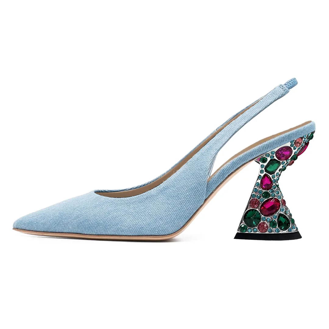 Light Blue Denim Pointed Toe Slingback Pumps with Decorative Heel