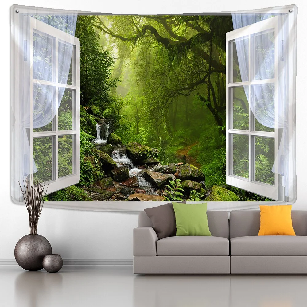 Window Forest Plant Landscape Tapestry Natural Scenery Wall Hanging Indian Throw Mandala Hippie Bedspread Bohemian Home Decor