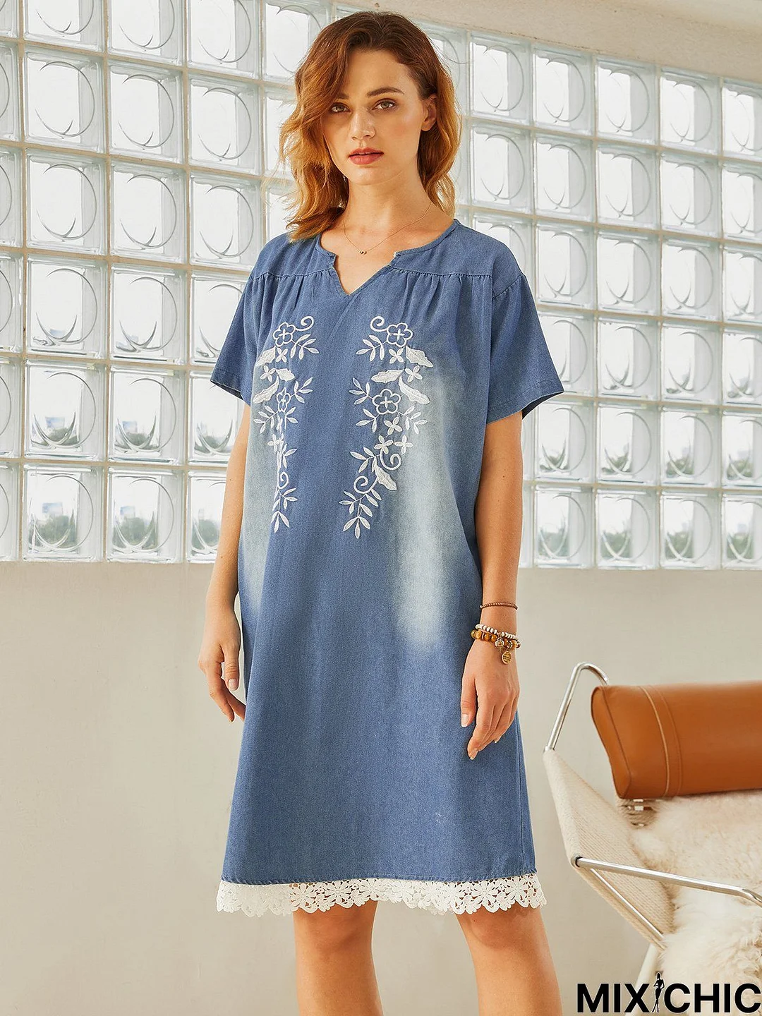 Short Sleeve Crew Neck Vintage Lace Weaving Dress