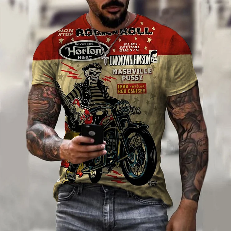 Motorcycle Pattern Street Personality Wild Loose Short-Sleeved Men's T-shirts at Hiphopee