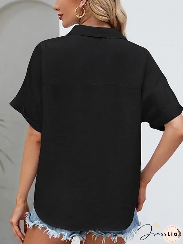 Blouse Pocket Loose Solid / Plain Color Basic Shirt Collar Roll Sleeves Summer Black White Pink Sky Blue for Women