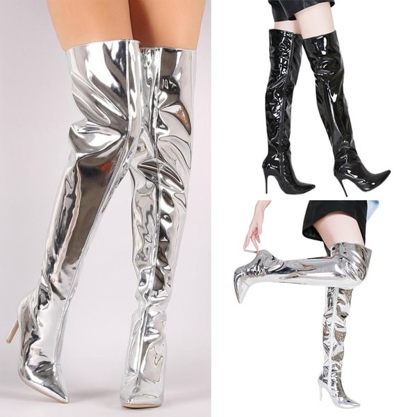 Fashion Women Black Silver Mirror Leather Thigh High Heeled Over Knee Boots With Side Zipper Boots - Shop Trendy Women's Clothing | LoverChic