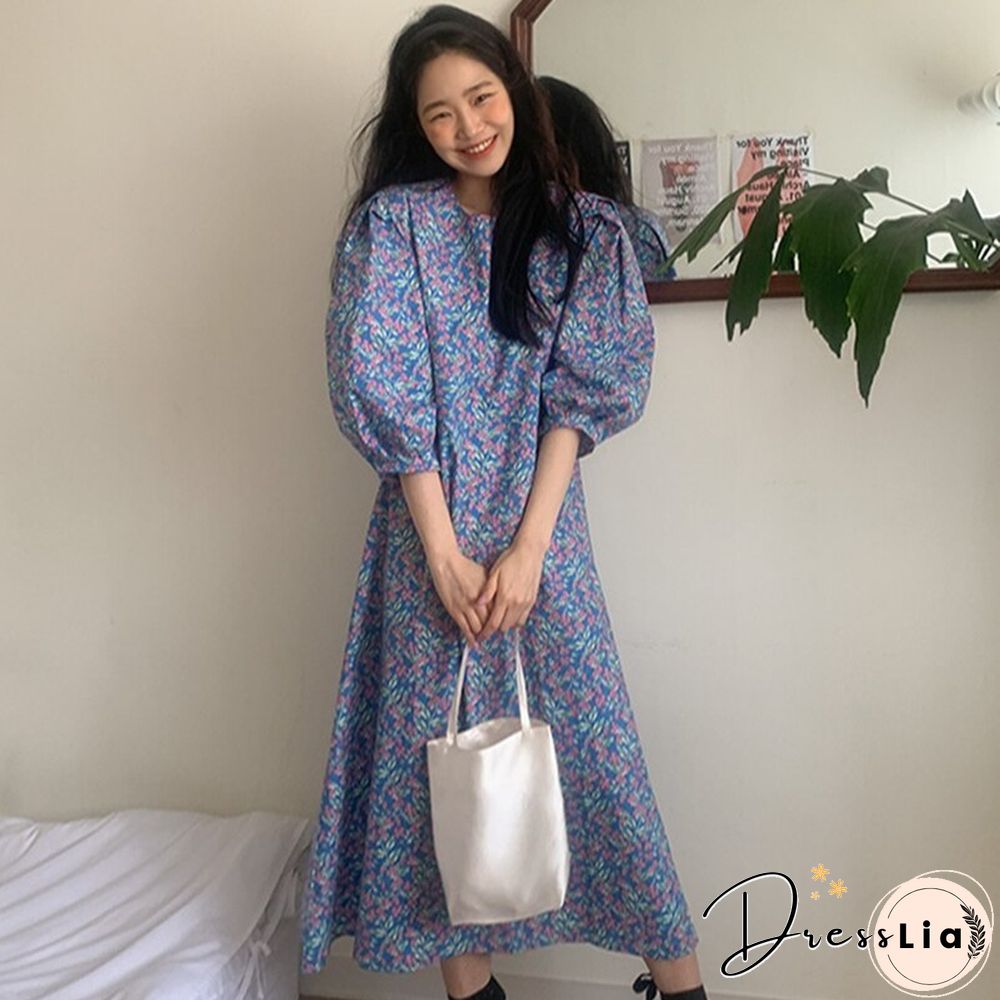 new style small fresh oil painting broken flower literary mid-length temperament dress women