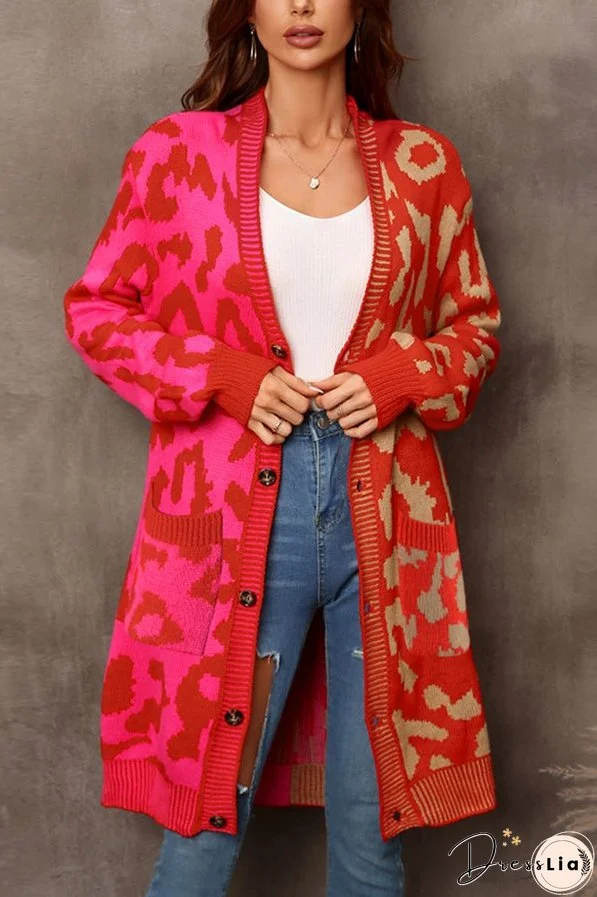 Leopard Print Contrast Knitted Mid-length Sweater Cardigan