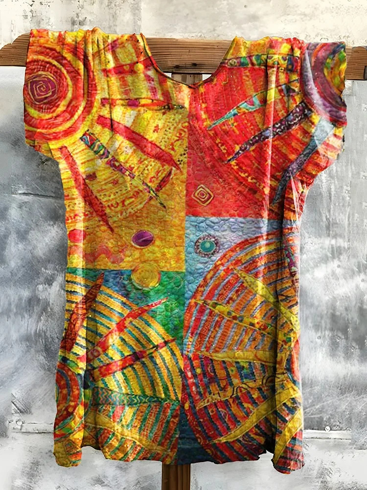 Women's Bohemian Sun Collage Art Pattern Print Casual Cotton Linen Shirt