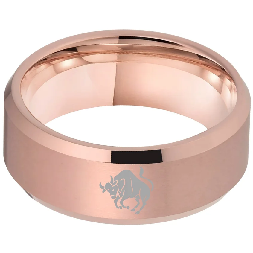 Mens Womens Rose Gold Taurus Tungsten Carbide Rings Rose Gold Edges and Laser Etched Wedding Bands Comfort Fit 4MM 6MM 8MM