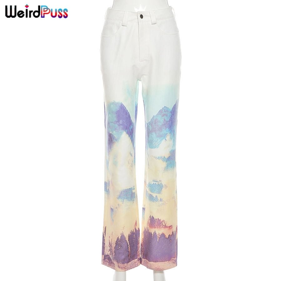 Weird Puss Y2K Cyber Cotton High Waist Pants Landscape Print Women Baggy Casual Straight  Jogger Chic Streetwear Summer Trousers