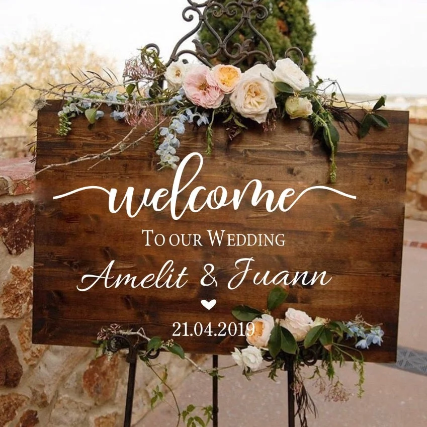 Wedding Ceremony Welcome Sign Wall Sticker Custom Bride Groom Names Vinyl Decal Wedding Board Mirror Murals D&eacute;coration AZ841