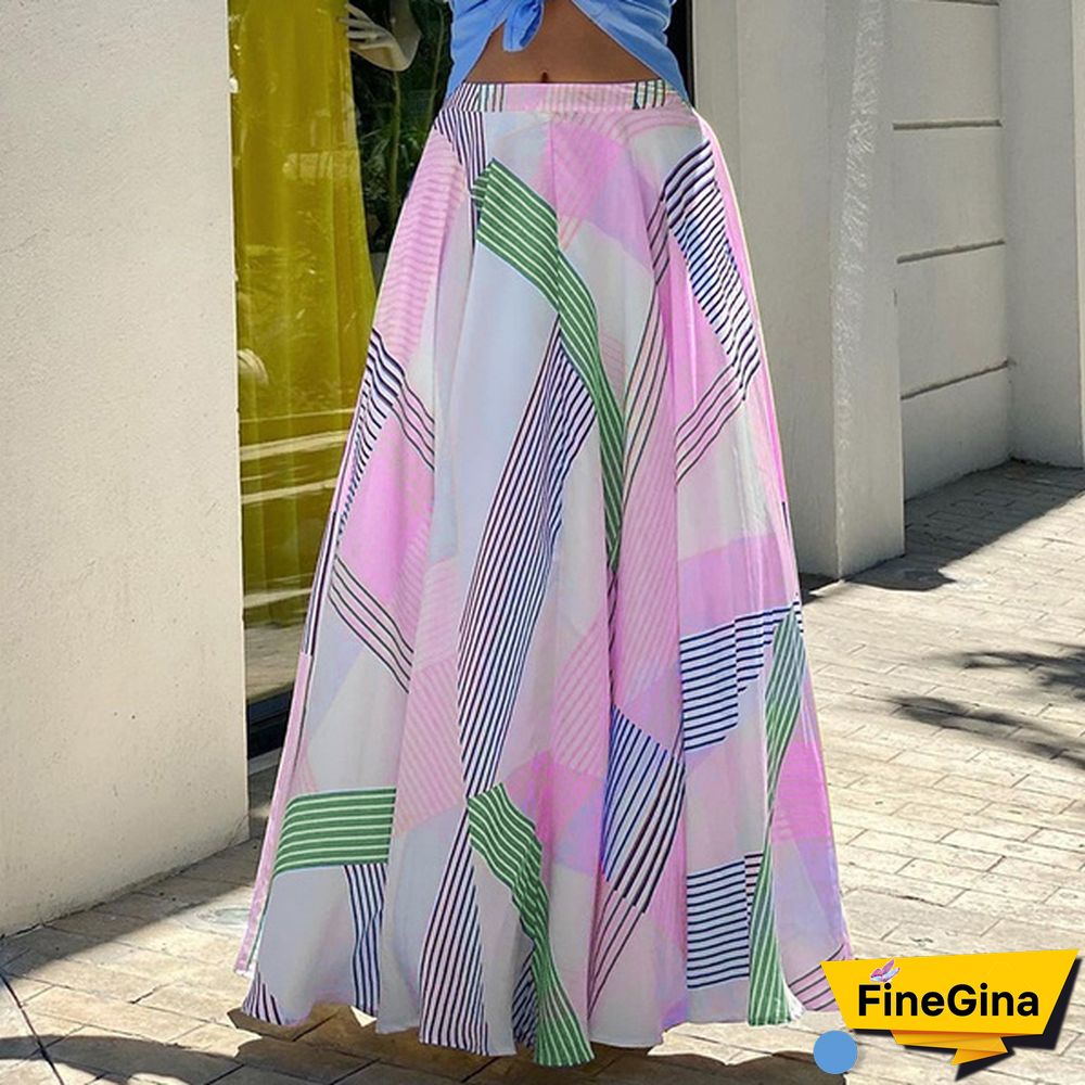 Stylish Women High Waist Maxi Skirt Holiday Summer Casual Loose Stripe Long Skirts