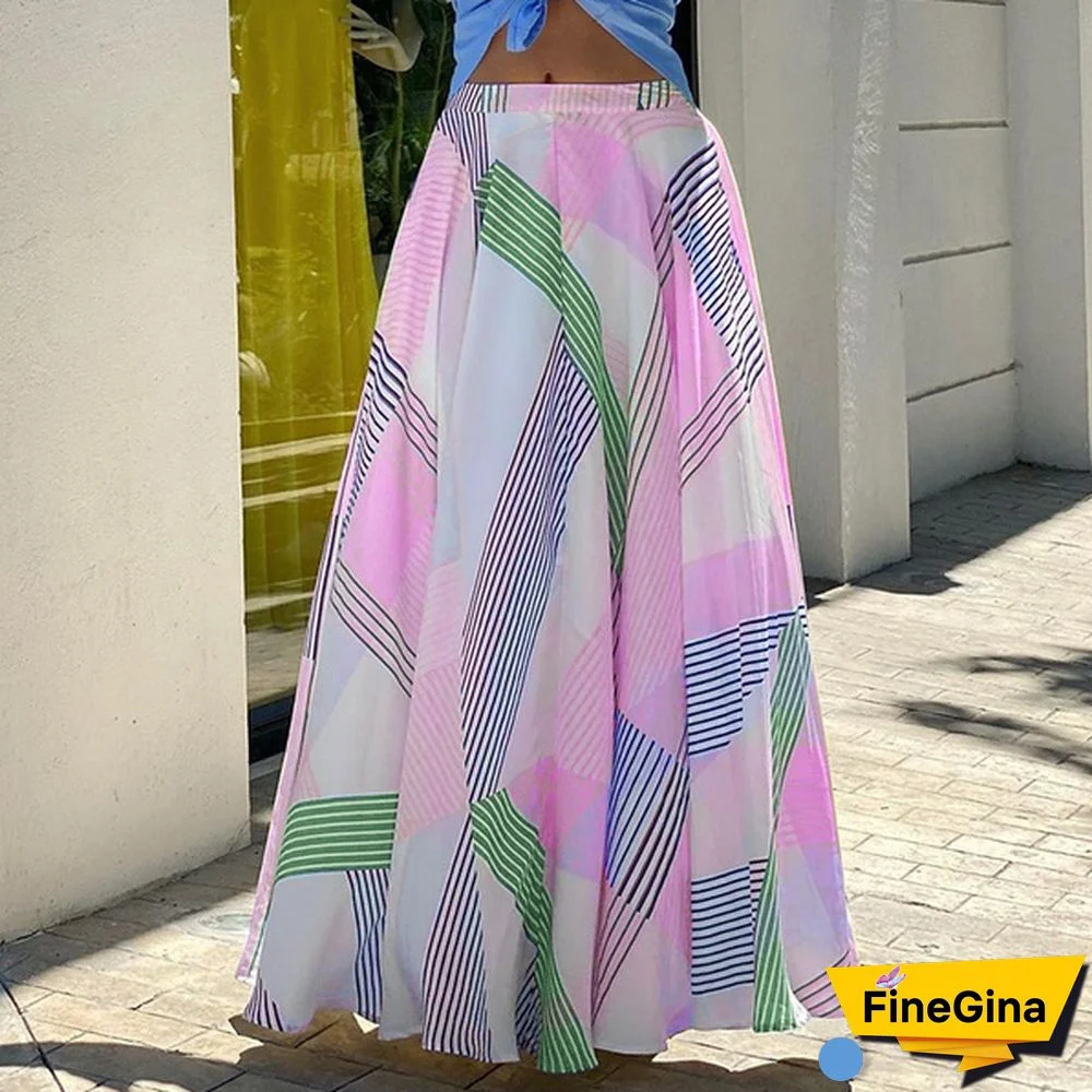 Stylish Women High Waist Maxi Skirt Holiday Summer Casual Loose Stripe Long Skirts
