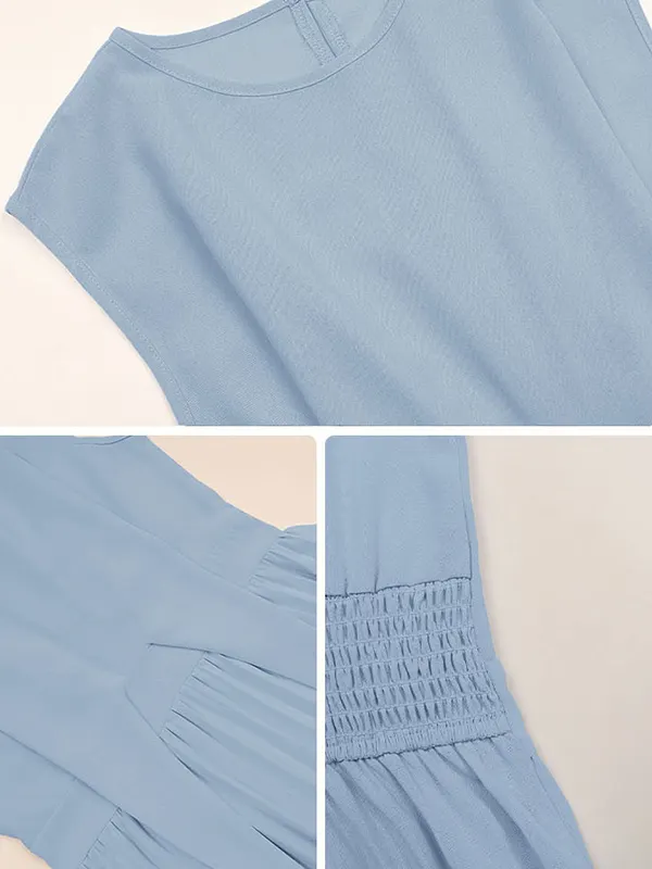 Puff Sleeves Beads Mesh Solid Color Split-Joint Round-neck Midi Dresses