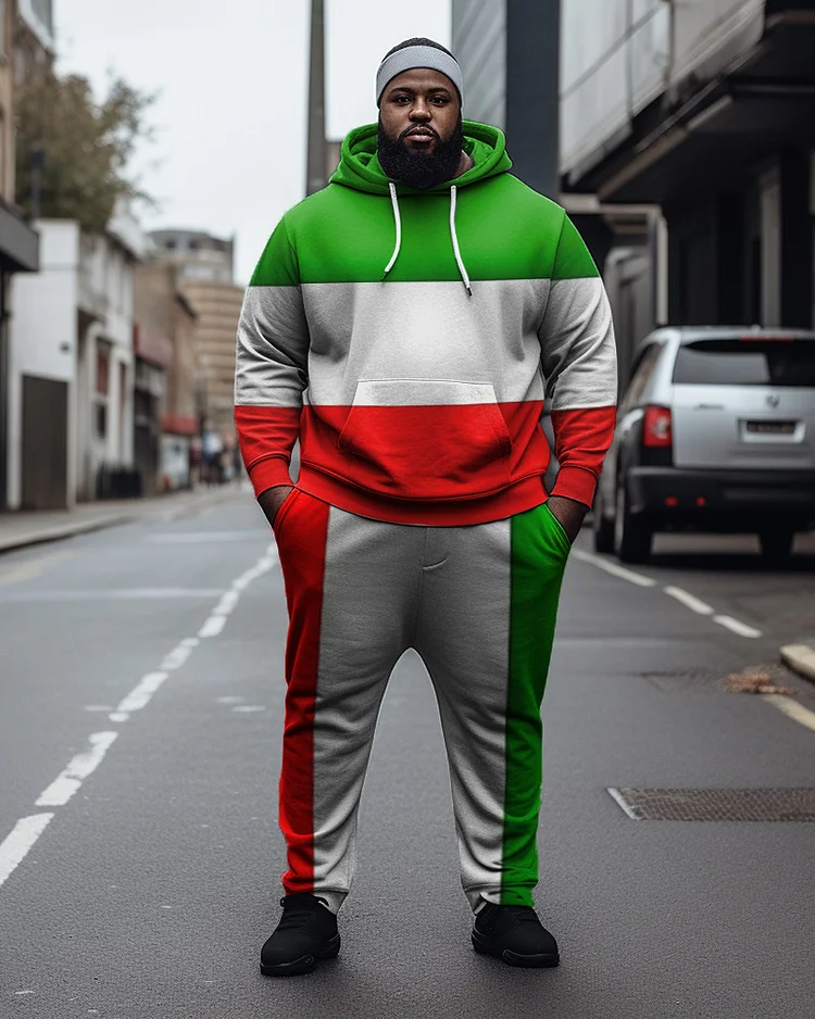 Men's Large Size Green, White And Red Colorblocked Casual Hoodie And Sweatpants Two-Piece Set