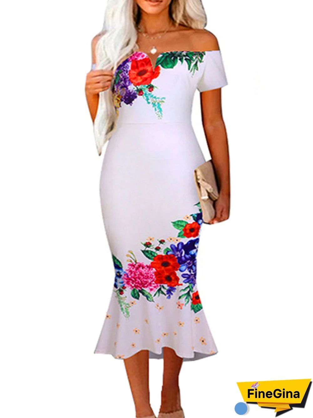 Women's Short Sleeve Off-shoulder Graphic Floral Printed Midi Dress