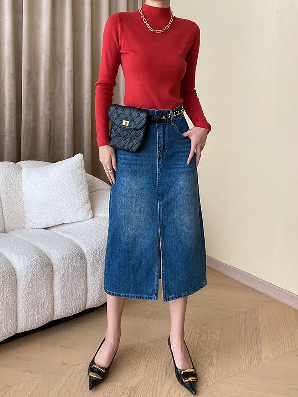 Woman wearing a waffle-knit thermal with a denim skirt