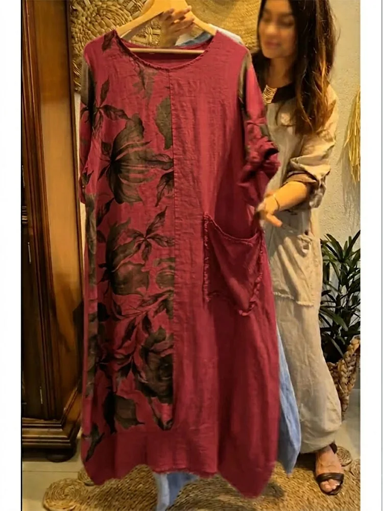 Loose-fitting Casual Floral Print Linen And Cotton Dress