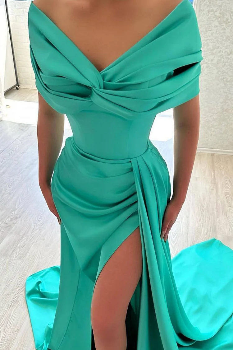 V Neck Pleated Short Sleeve High Slit Evening Gowns Maxi Dresses - Green