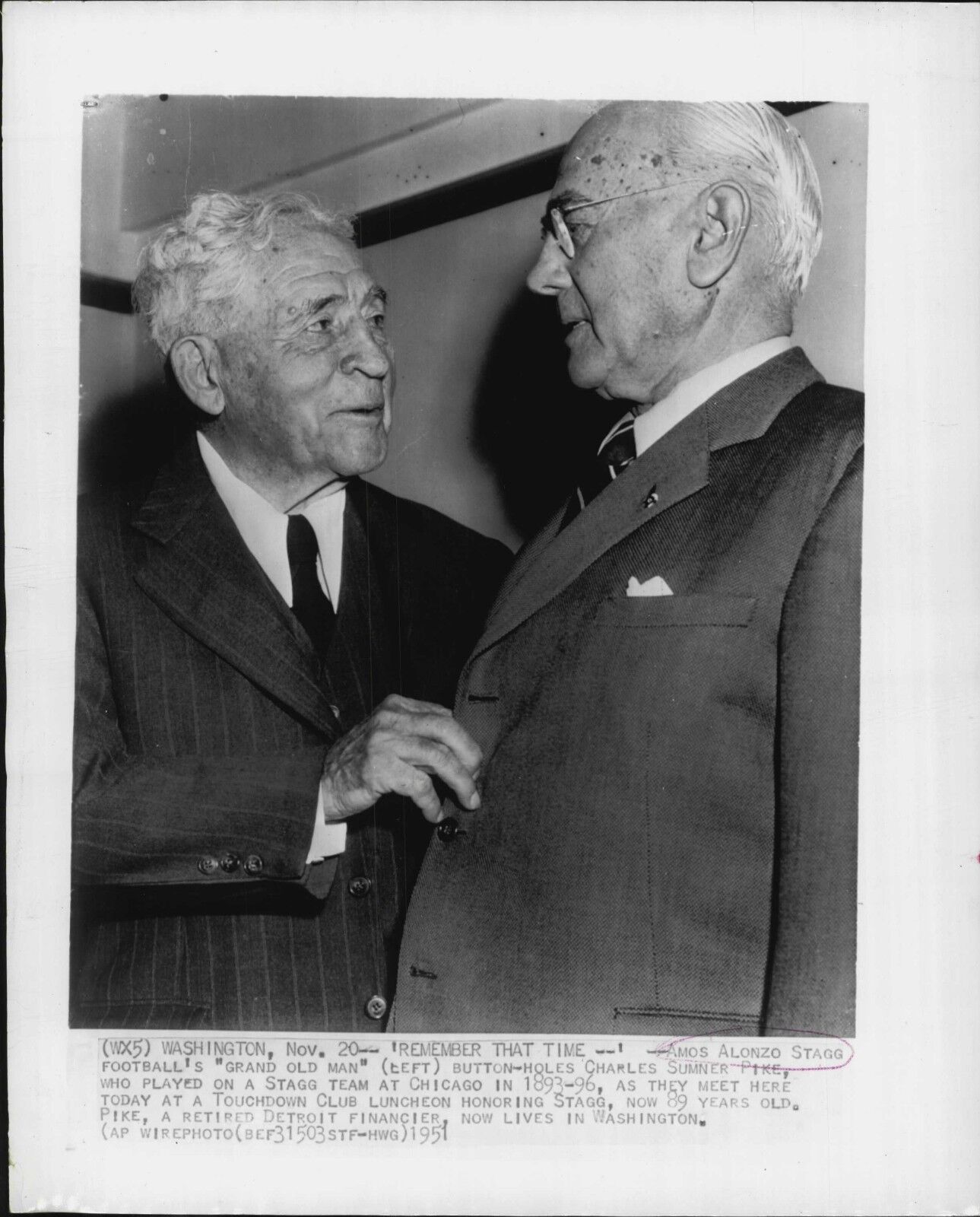 Amos Alonzo Stagg & Charles Sumner Pike 1951 Press Wire Photo Poster painting University Chicago