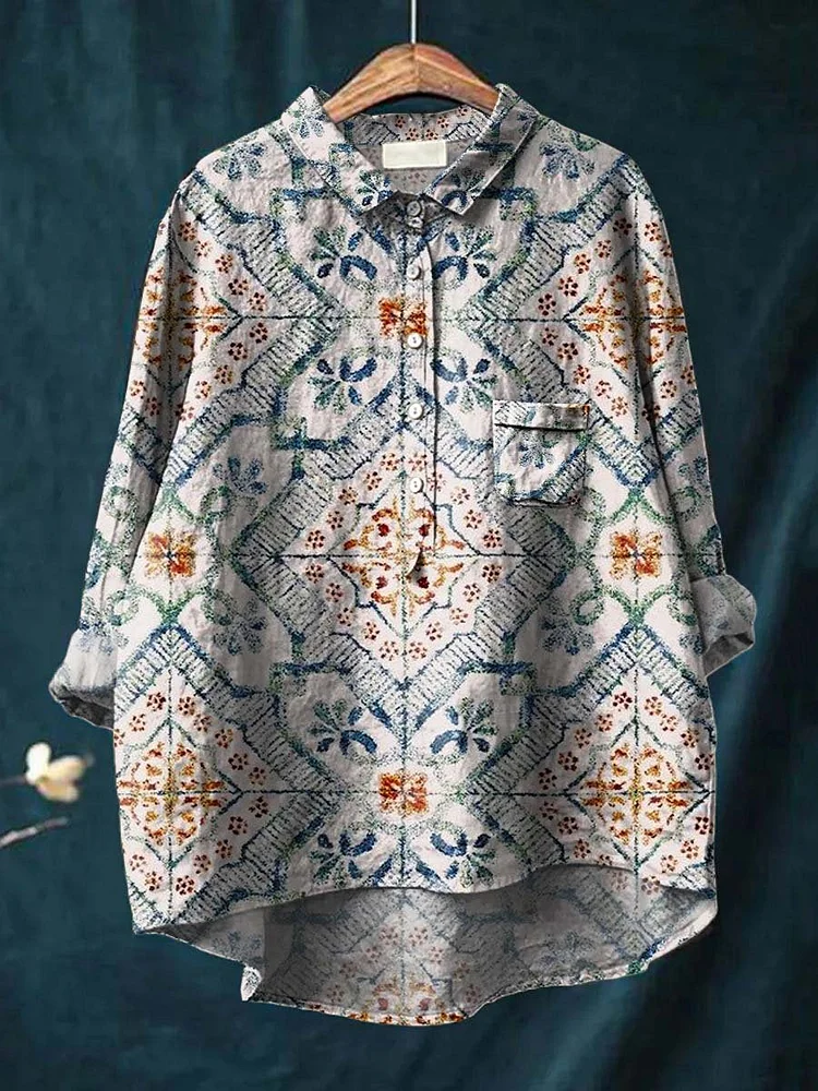 Womens Retro Tile Print Casual Cotton And Linen Shirt