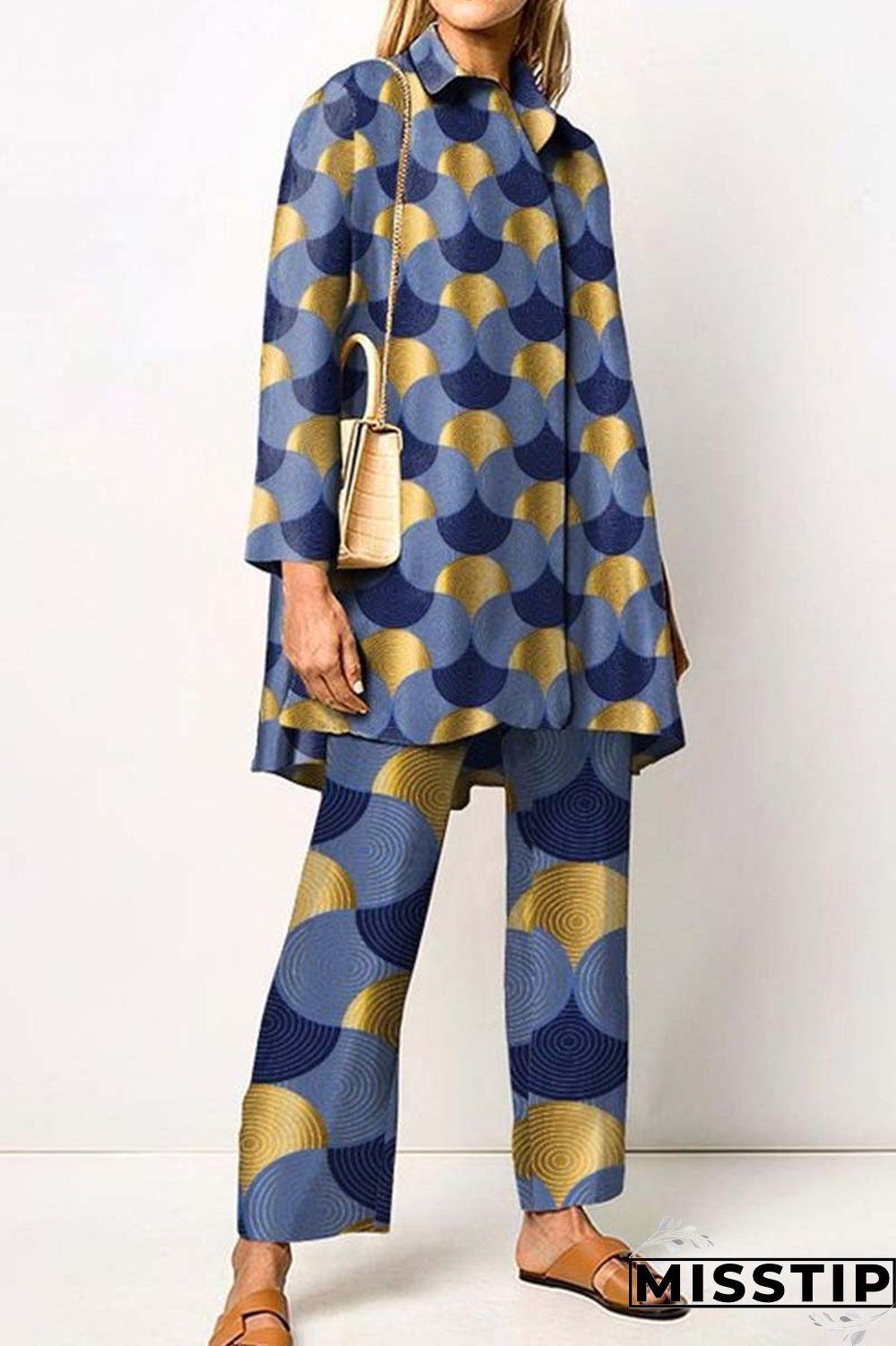 Orange Casual Print Patchwork Shirt Collar Long Sleeve Two Pieces