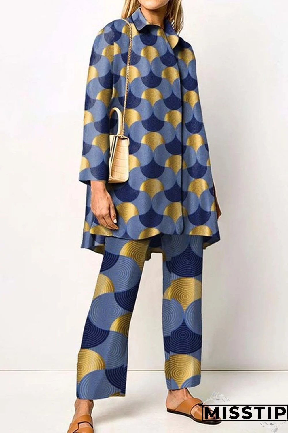 Orange Casual Print Patchwork Shirt Collar Long Sleeve Two Pieces