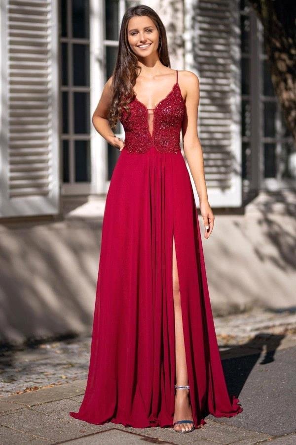 Spaghetti-Straps Long V-Neck Prom Dress Slit With Appliques | Ballbellas Ballbellas